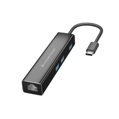 Conceptronic USB Hub - DONN07B (USB-C to 3xUSB-A 3.0+RJ-45, fekete)