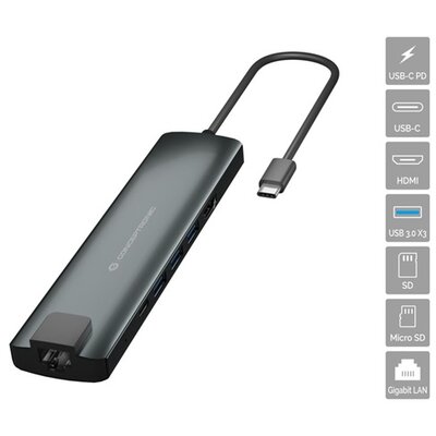 Conceptronic Notebook Dokkoló - DONN06G (Bemenet: USB-C, Kimenet: HDMI+USB-C PD:60W+USB-A+SD/TF+RJ-45, fekete)