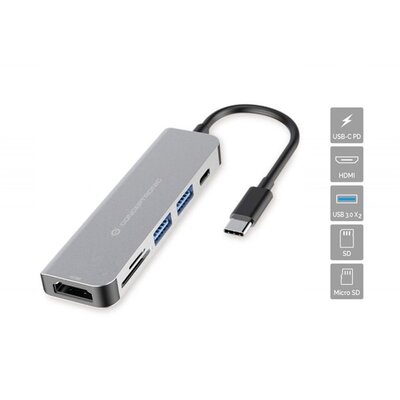 Conceptronic Notebook Dokkoló - DONN02G (Bemenet: USB-C, Kimenet: HDMI+USB-C PD:60W+USB-A+SD/TF, szürke)