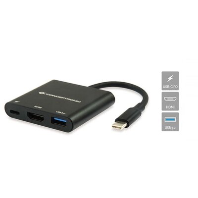 Conceptronic Notebook Dokkoló - DONN01B (Bemenet: USB-C, Kimenet: HDMI+USB-C PD:60W+USB-A 3.0, fekete)