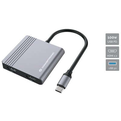 Conceptronic Notebook Dokkoló - DONN13G (Bemenet: USB-C, Kimenet: 2xHDMI+USB-C PD:100W+USB-A, ezüst)