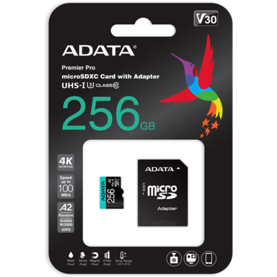 ADATA MicroSD kártya - 256GB microSDXC UHS-I U3 Class10 A2 V30S (R/W: 100/85 MB/s) + adapter