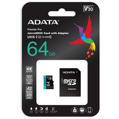 ADATA MicroSD kártya - 64GB microSDXC UHS-I U3 Class10 A2 V30S (R/W: 100/80 MB/s) + adapter