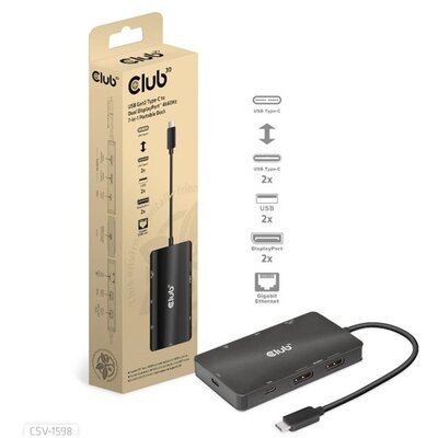 DOC Club3D USB Gen2 Type-C to Dual DisplayPort 4k60Hz 7-in-1 Portable Dock
