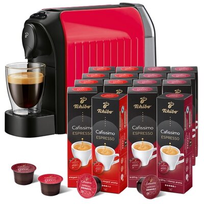 Tchibo Cafissimo Easy Red kapszulás kávéfőző +Caf. Espresso Elegant Aroma 8x10db +Caf.Espresso Intense Aroma 8x10db