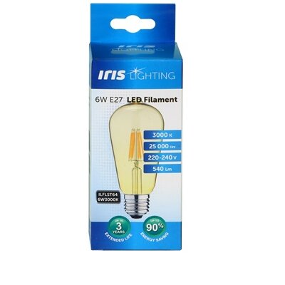 Iris Lighting Filament Bulb Longtip E27 ST64 6W/3000K/540lm aranyszínű LED fényforrás