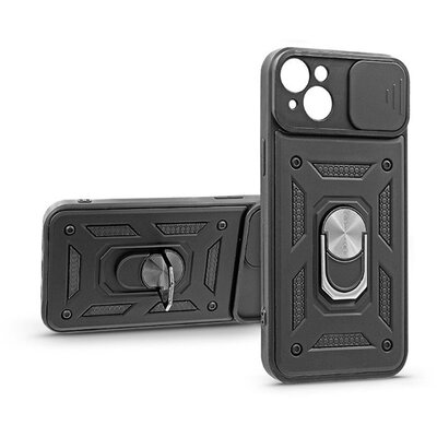 Haffner PT-6758 iPhone 14 Plus ütésálló fekete műanyag hátlap gyűrűvel és kameravédővel