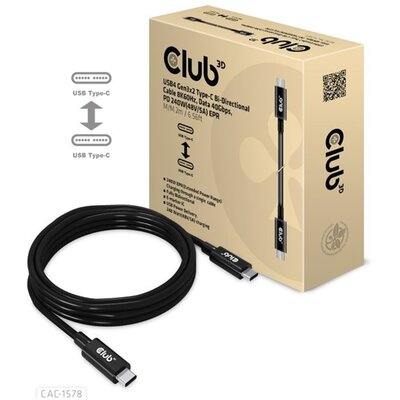 Club3D USB4 Gen3x2 Type-C Bi-Directional Cable 8K60Hz, Data 40Gbps, PD 240W(48V/5A) EPR M/M 2m