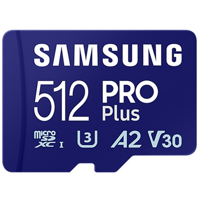 SAMSUNG Memóriakártya, PRO Plus microSDXC kártya 512GB, CLASS 10, UHS-I, U3, V30, A2, + Adapter, R180/W130