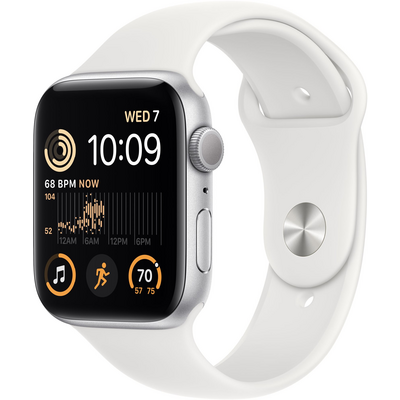 Apple Watch SE2 GPS-es (44mm) fehér alumínium tok, fehér sportszíjas okosóra