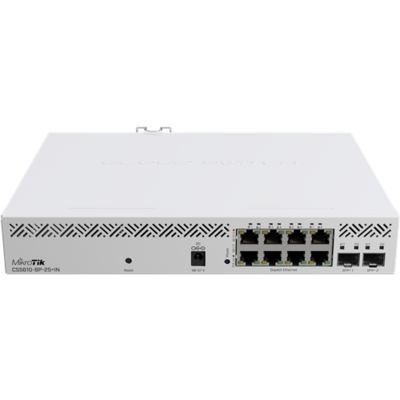 MikroTik 8-portos rackbe szerelhető PoE switch, 2xSFP+ 10G port, SwitchOS