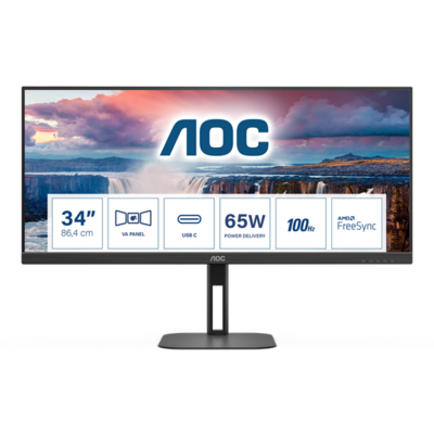 AOC VA monitor U34V5C/BK, 3440x1440, 21:9, 300cd/m2, 1ms, HDMI/DisplayPort/USB-C/4xUSB, hangszóró