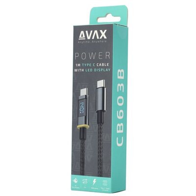 AVAX CB603B POWER+ LED Type C-Type C 140W gyorstöltő, sodorszálas kábel 1m, 5A, fekete