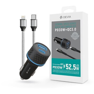 Devia ST354670 30W USB + Type-C szivargyújtó töltő +Lightning-Type-C kábel