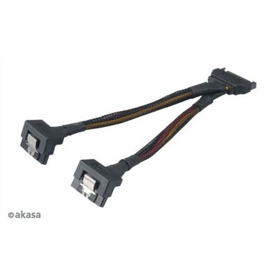 Akasa 15pin SATA apa - 2x 15pin SATA anya 90°-ban elforgatott tápkábel - 15cm - AK-CBPW15-15BK