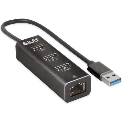 Club3D USB 3.2 Gen1 Type-A, 3 Ports Hub with Gigabit Ethernet