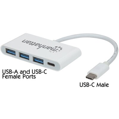 Manhattan USB HUB - Type-C-ről 3db USB 3.0-ra+1db USB Type-C, Power Delivery, Fehér