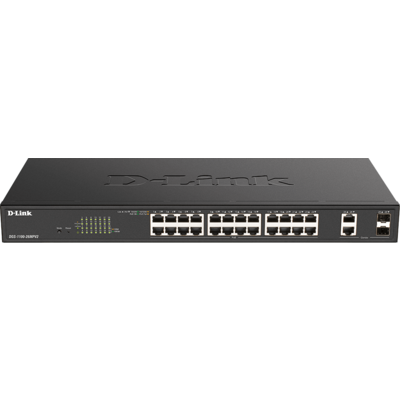 D-LINK Switch 24x1000Mbps (24xPOE) + 2xGigabit kombó SFP Fémházas Menedzselhető Rackes, DGS-1100-26MPV2/E