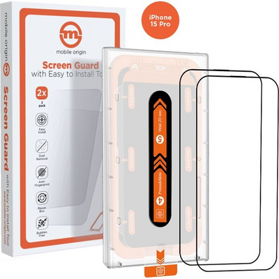 Mobile Origin Orange Screen Guard iPhone 15 with easy applicator, 2 pack