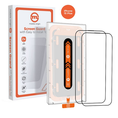 Mobile Origin Orange Screen Guard iPhone 15 Plus with easy applicator, 2 pack