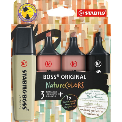 Stabilo BOSS ORIGINAL NatureCOLORS 4 db-os (sárzöld, vörösbarna, sötétbarna, fekete) szövegkiemelő készlet