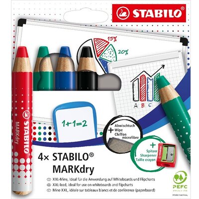 Stabilo MARKdry táblákhoz és flipchartokhoz 4db-os vastag színes ceruza készlet törlőkenővel és hegyezővel