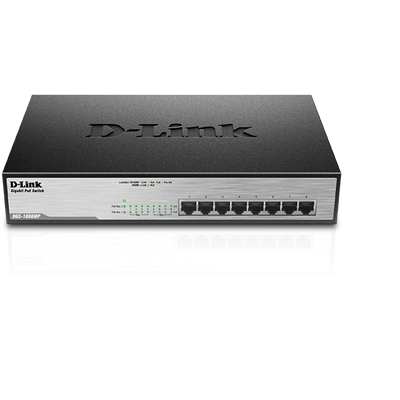 D-LINK Switch 8x1000Mbps (8xPOE) Fémházas Asztali Rackes, DGS-1008MP