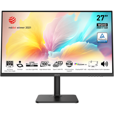 MSI Monitor Business Modern MD272QXP 27" QHD, 2560x1440, 100Hz, IPS 16:9, 1000:1, 400cd/m2, 4 ms, HDMI, DP, USB-C, Black