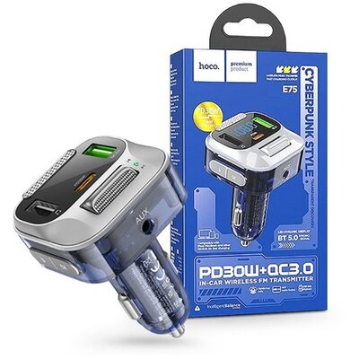 HOCO HOC0335 ezüst Bluetooth FM-transmitter/szivargyújtó töltő - 2xUSB + AUX + MP3 + PD30W + QC 3.0