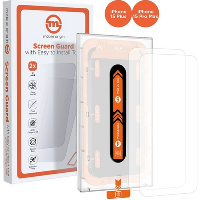 Mobile Origin Orange Screen Guard iPhone 15 Pro Max with easy applicator 2 pack