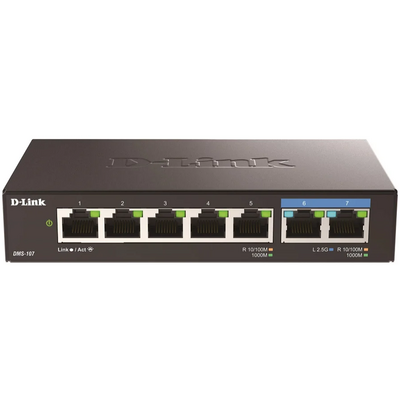D-LINK Switch 5x1000Mbps + 2x2.5Gbps Multi-Gigabit Fémházas Asztali, DMS-107/E