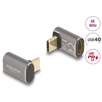 DELOCK Átalakító USB 40 Gbps Type-C male > female PD 3.0 100W 90 fokos 8K 60Hz fém