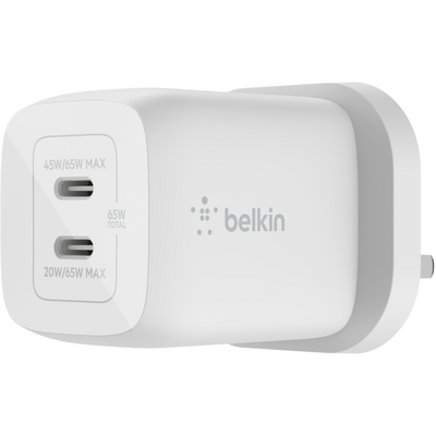 Belkin BoostCharge Dual USB-C PD GaN Wall Charger 65W White