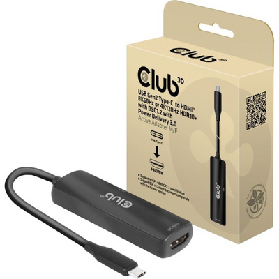 Club3D USB Gen2 Type-C to HDMI 8K60Hz or 4K120Hz HDR10+ with DSC1.2 with Power Delivery 3.0 Active Adapter M/F