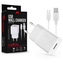 Maxlife TF-0102 univerzális fehér hálózati töltő adapter + 1m microUSB töltő és adatkábel Maxlife TF-0102 univerzális fehér hálózati töltő adapter + 1m microUSB töltő és adatkábel