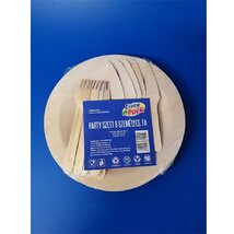 14699 6 személyes lapostányér kés villa natúr fa party szett